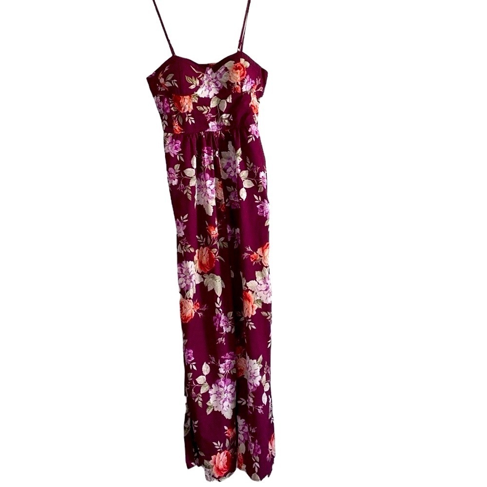 Band of Gypsies Maroon Burgundy Floral Sleeveless Jumpsuit With Smocked Back
